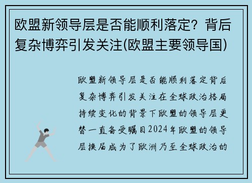 欧盟新领导层是否能顺利落定？背后复杂博弈引发关注(欧盟主要领导国)