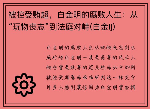 被控受贿超，白金明的腐败人生：从“玩物丧志”到法庭对峙(白金lj)