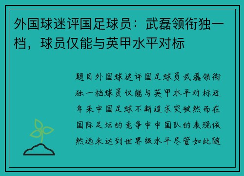 外国球迷评国足球员：武磊领衔独一档，球员仅能与英甲水平对标