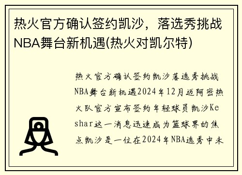 热火官方确认签约凯沙，落选秀挑战NBA舞台新机遇(热火对凯尔特)