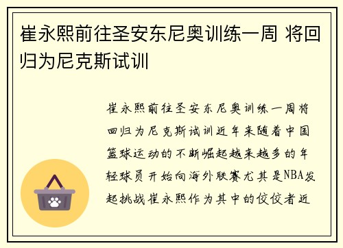 崔永熙前往圣安东尼奥训练一周 将回归为尼克斯试训