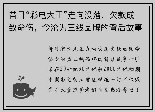 昔日“彩电大王”走向没落，欠款成致命伤，今沦为三线品牌的背后故事