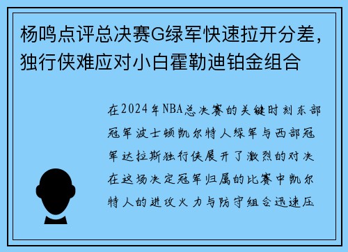 杨鸣点评总决赛G绿军快速拉开分差，独行侠难应对小白霍勒迪铂金组合