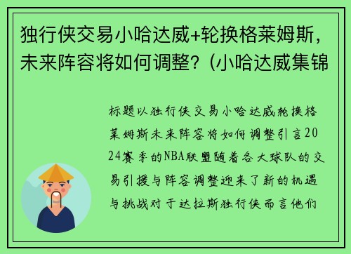 独行侠交易小哈达威+轮换格莱姆斯，未来阵容将如何调整？(小哈达威集锦)