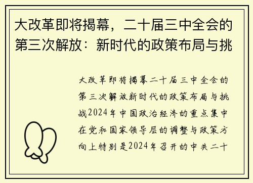 大改革即将揭幕，二十届三中全会的第三次解放：新时代的政策布局与挑战