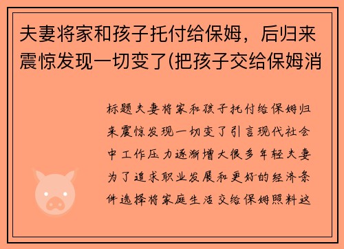 夫妻将家和孩子托付给保姆，后归来震惊发现一切变了(把孩子交给保姆消失五年)