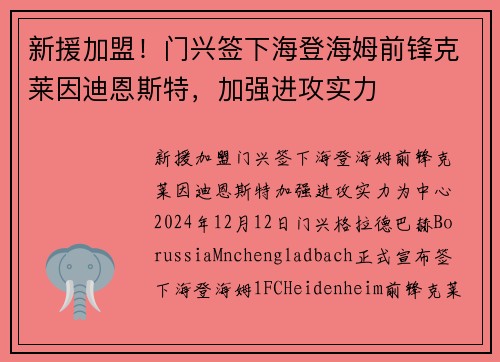 新援加盟！门兴签下海登海姆前锋克莱因迪恩斯特，加强进攻实力