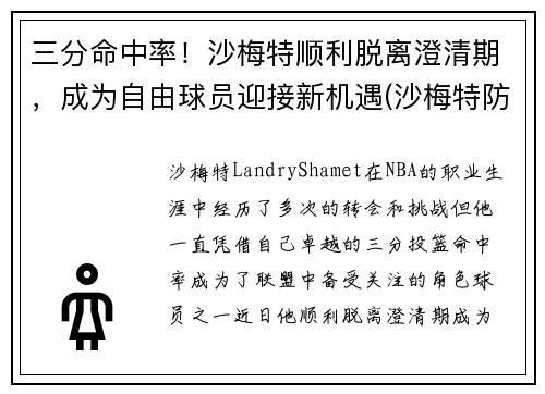 三分命中率！沙梅特顺利脱离澄清期，成为自由球员迎接新机遇(沙梅特防守怎么样)