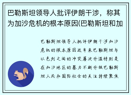 巴勒斯坦领导人批评伊朗干涉，称其为加沙危机的根本原因(巴勒斯坦和加沙怎么来往)
