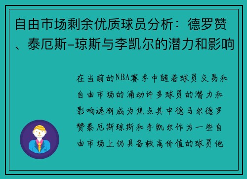 自由市场剩余优质球员分析：德罗赞、泰厄斯-琼斯与李凯尔的潜力和影响