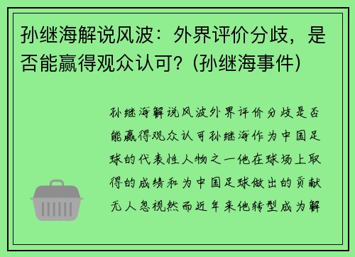 孙继海解说风波：外界评价分歧，是否能赢得观众认可？(孙继海事件)