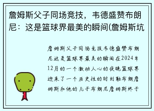 詹姆斯父子同场竞技，韦德盛赞布朗尼：这是篮球界最美的瞬间(詹姆斯坑韦德)